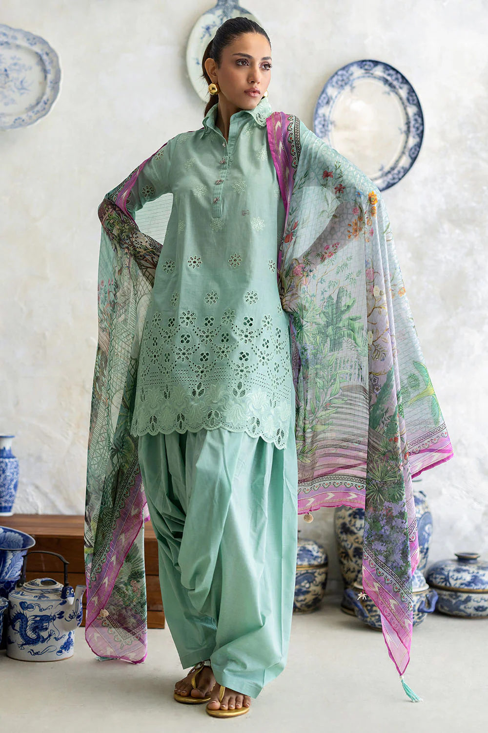 3 Piece Schiffli Embroidered Lawn Suit with Silk Dupatta - Image 3