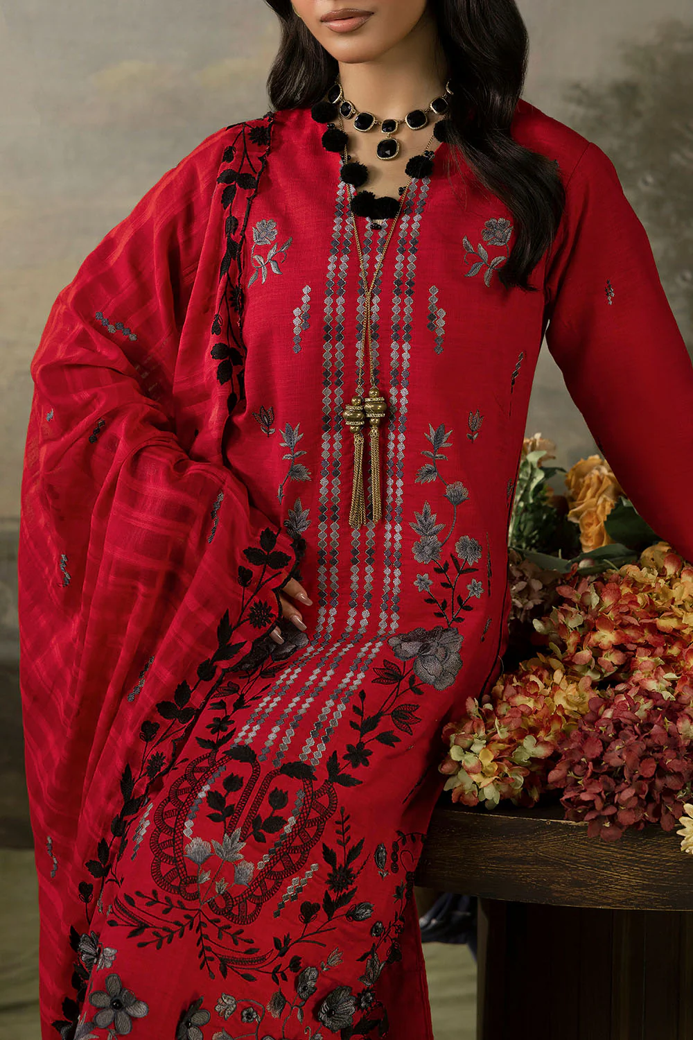 3 Piece Stripe Embroidered Khaddar Suit with Handwork and Lace - Image 2