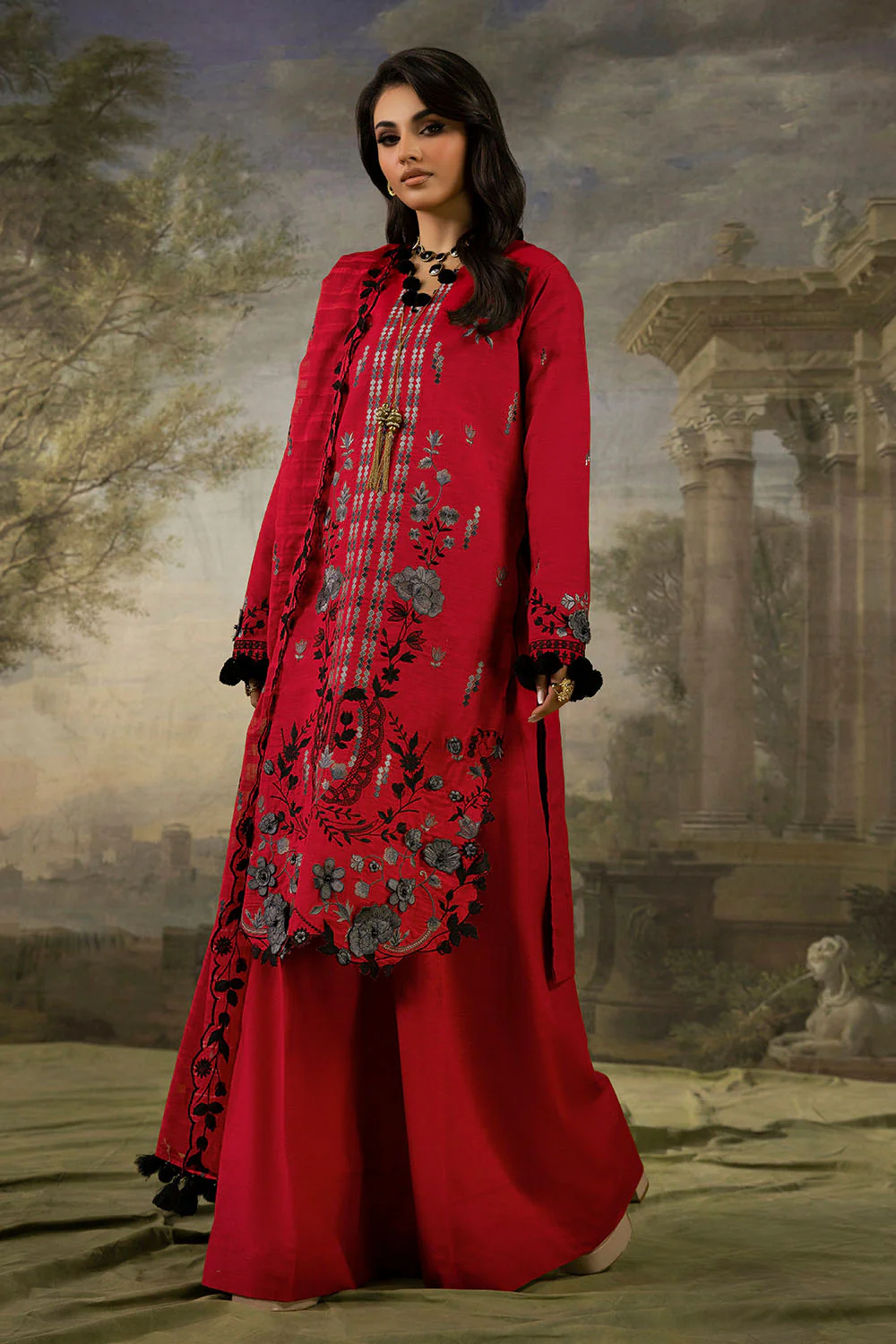 3 Piece Stripe Embroidered Khaddar Suit with Handwork and Lace - Image 3