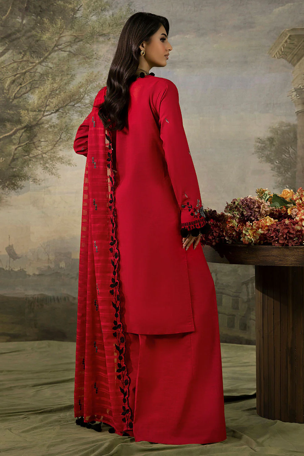 3 Piece Stripe Embroidered Khaddar Suit with Handwork and Lace - Image 4