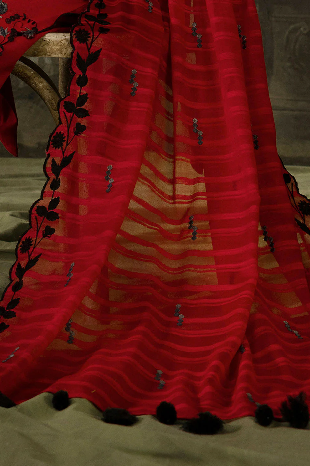 3 Piece Stripe Embroidered Khaddar Suit with Handwork and Lace - Image 5