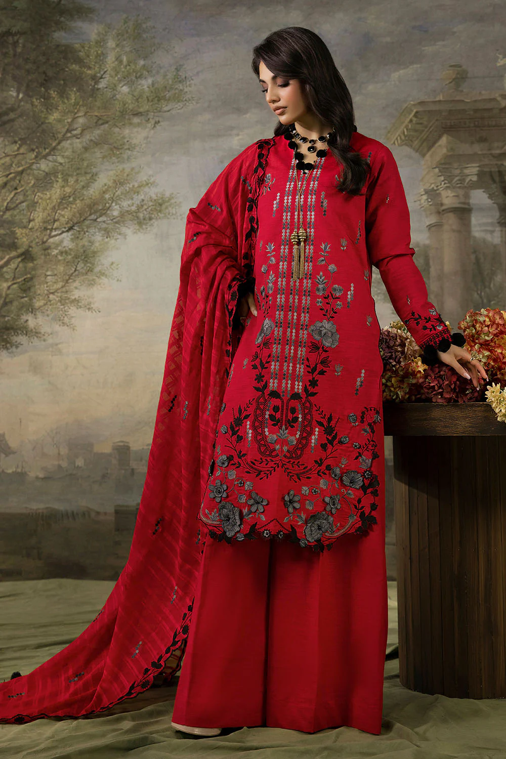 3 Piece Stripe Embroidered Khaddar Suit with Handwork and Lace - Image 6