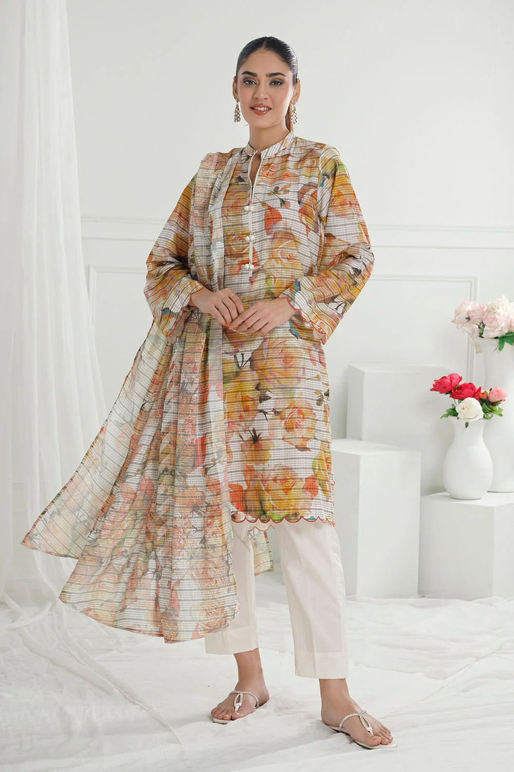 3 Piece Unstitched Cotton Silk Suit with Printed Burnout Blend Dupatta - Image 3