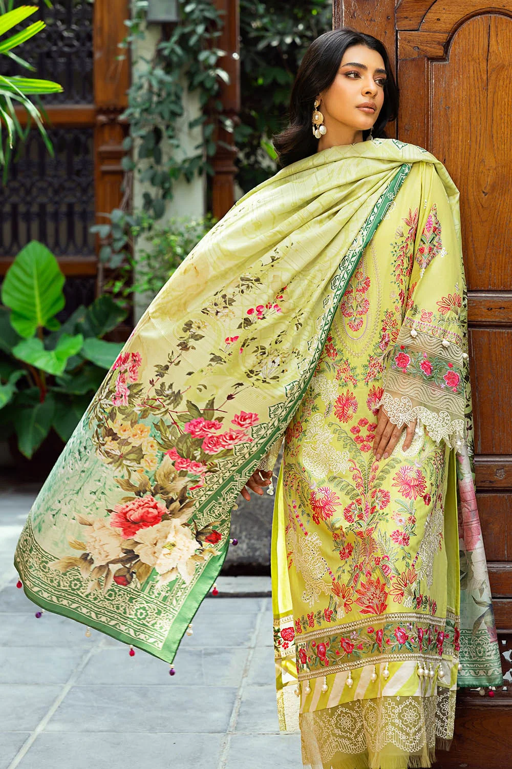 3 Piece Unstitched Embroidered Lawn Suit with Printed Tussar Silk Dupatta - Image 6
