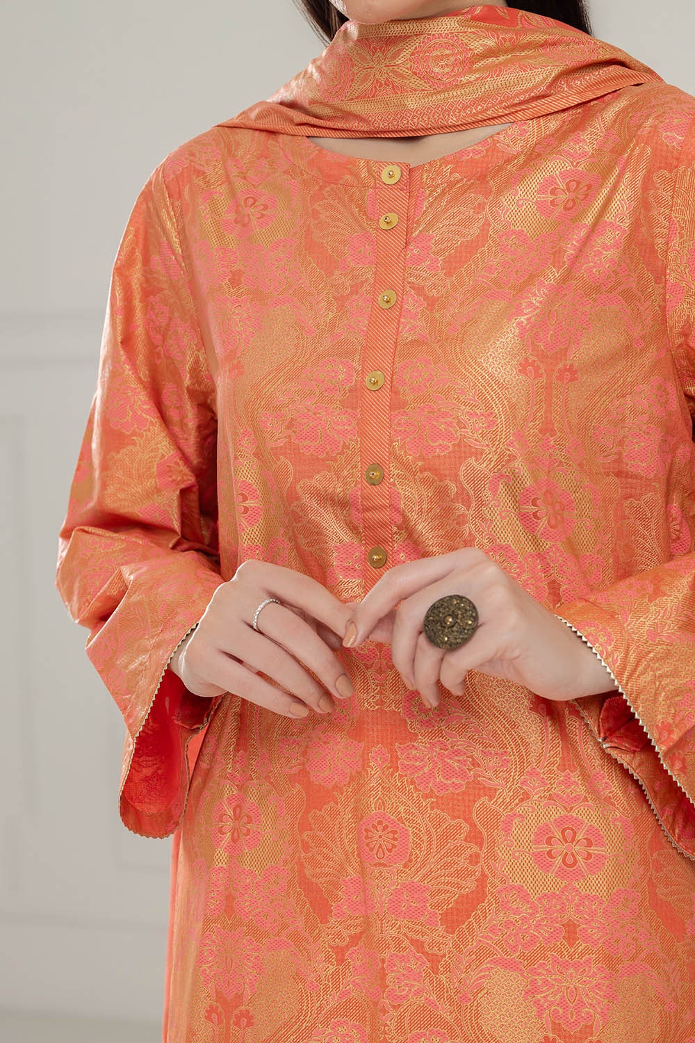 3 Piece Unstitched Gold and Lacquer Printed Lawn Suit - Image 2