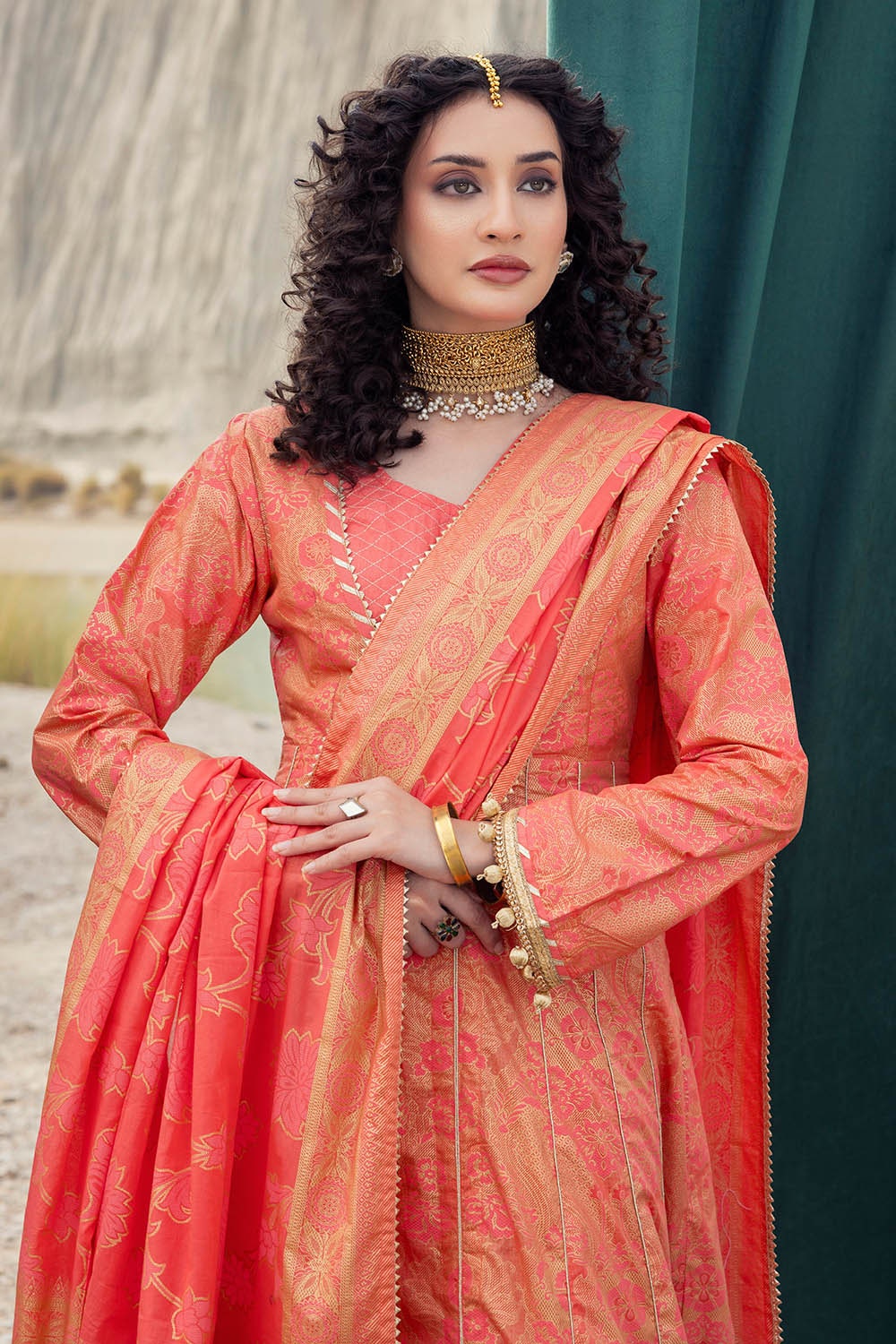 3 Piece Unstitched Gold and Lacquer Printed Lawn Suit - Image 3