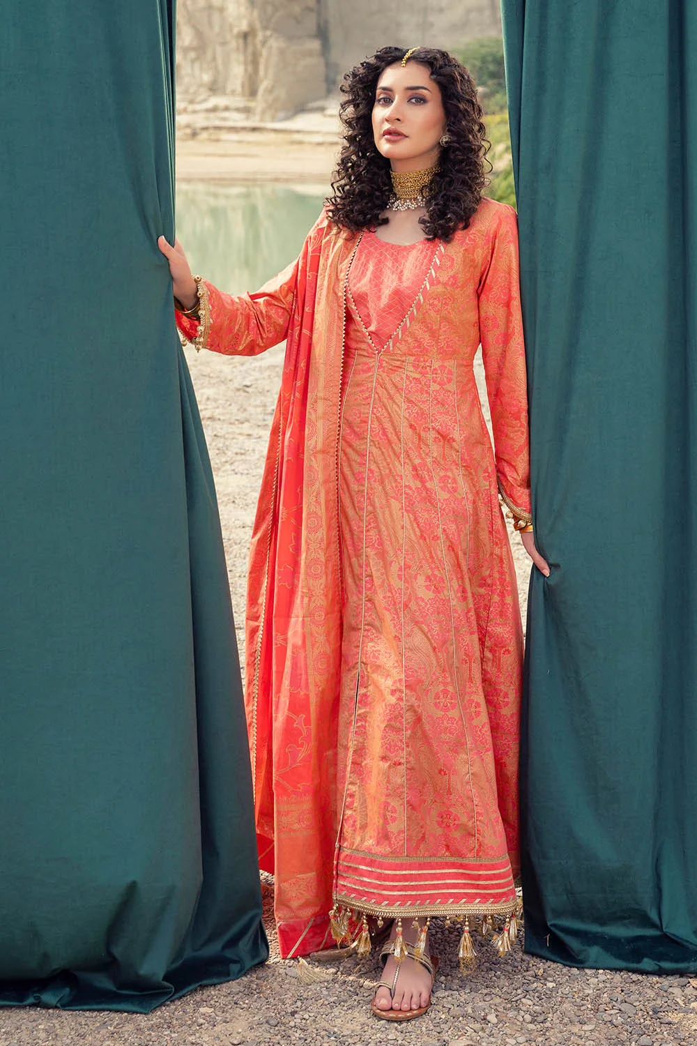 3 Piece Unstitched Gold and Lacquer Printed Lawn Suit - Image 4