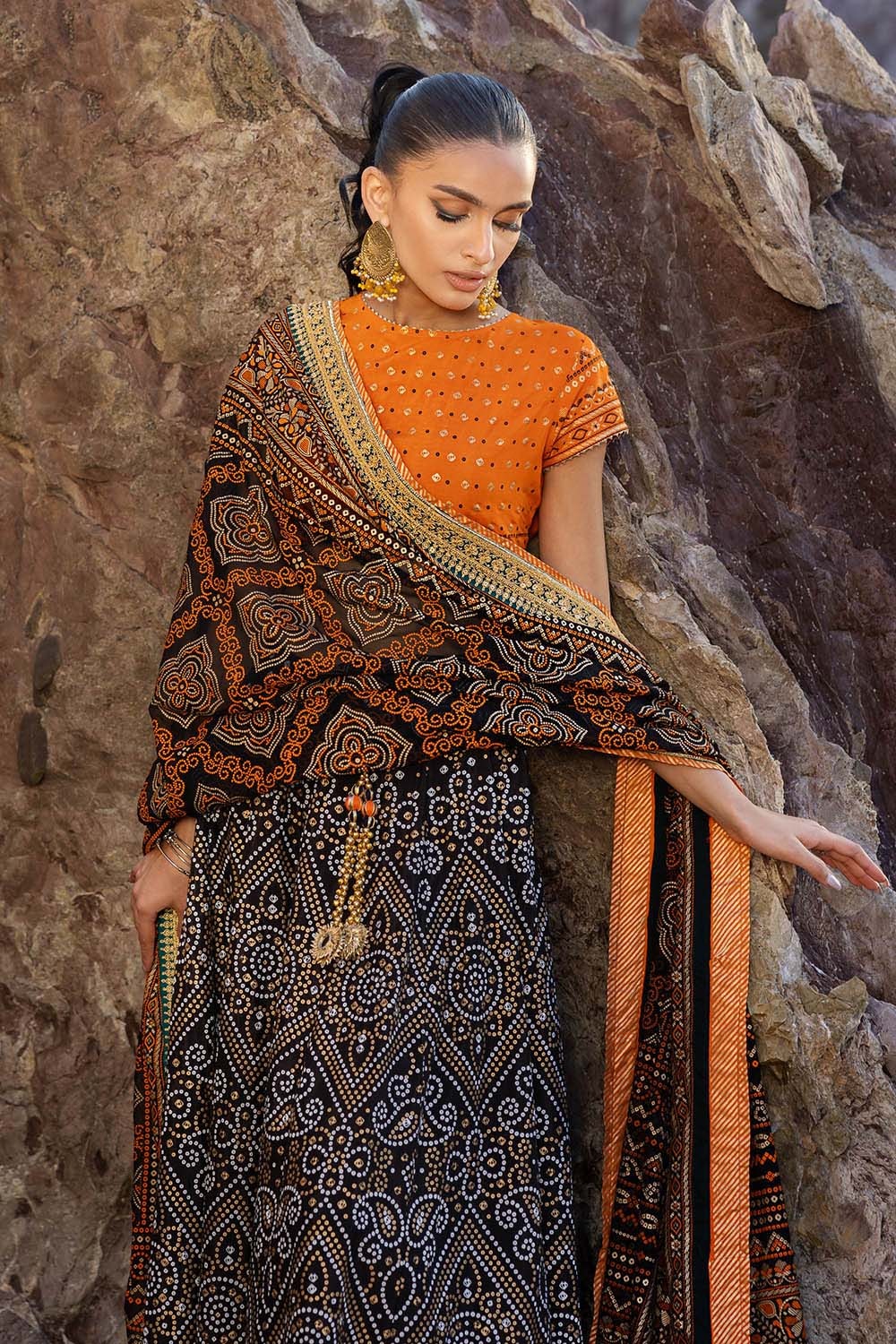 3 Piece Unstitched Gold Lacquer Embroidered Raw Silk Suit with Embroidered Raw Silk Dupatta - Image 6