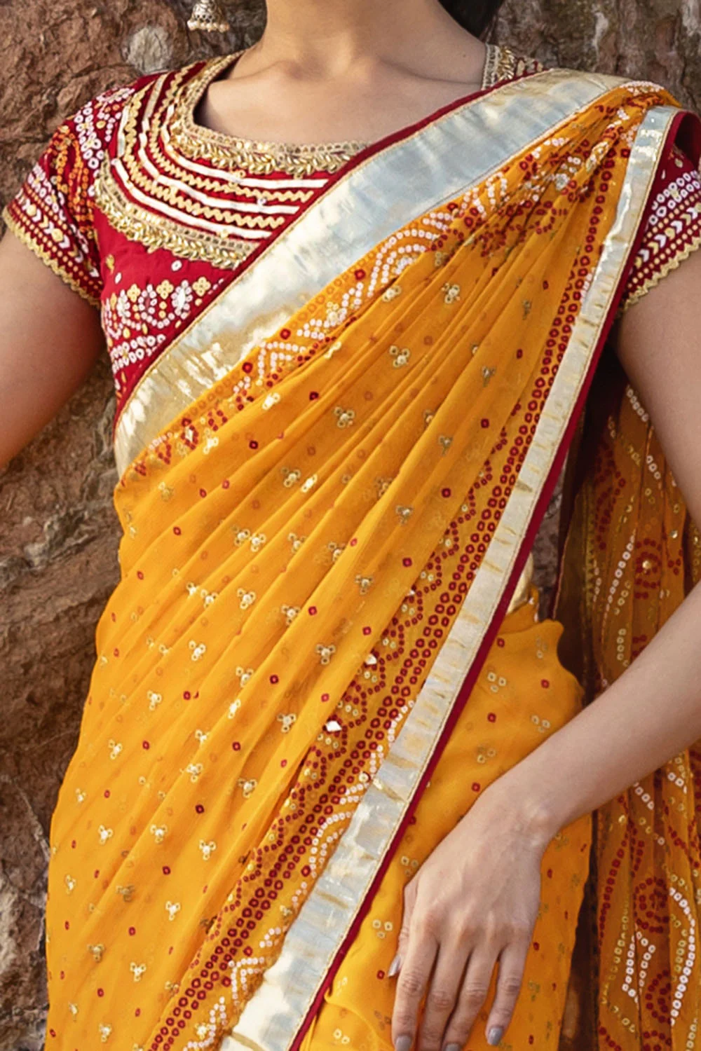 3 Piece Unstitched Gota Sequins Handwork Chiffon Saree - Image 2