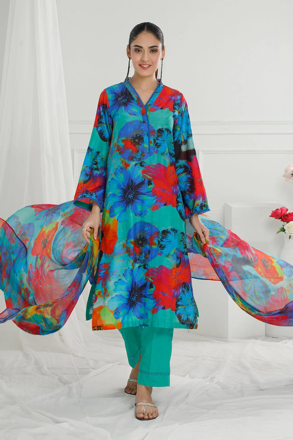 3 Piece Unstitched Printed Cotton Silk Suit with Printed Chiffon Dupatta - Image 3