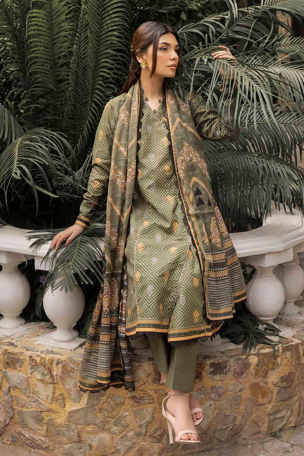 3 Piece Unstitched Printed Stripe Khaddar Suit - Image 4