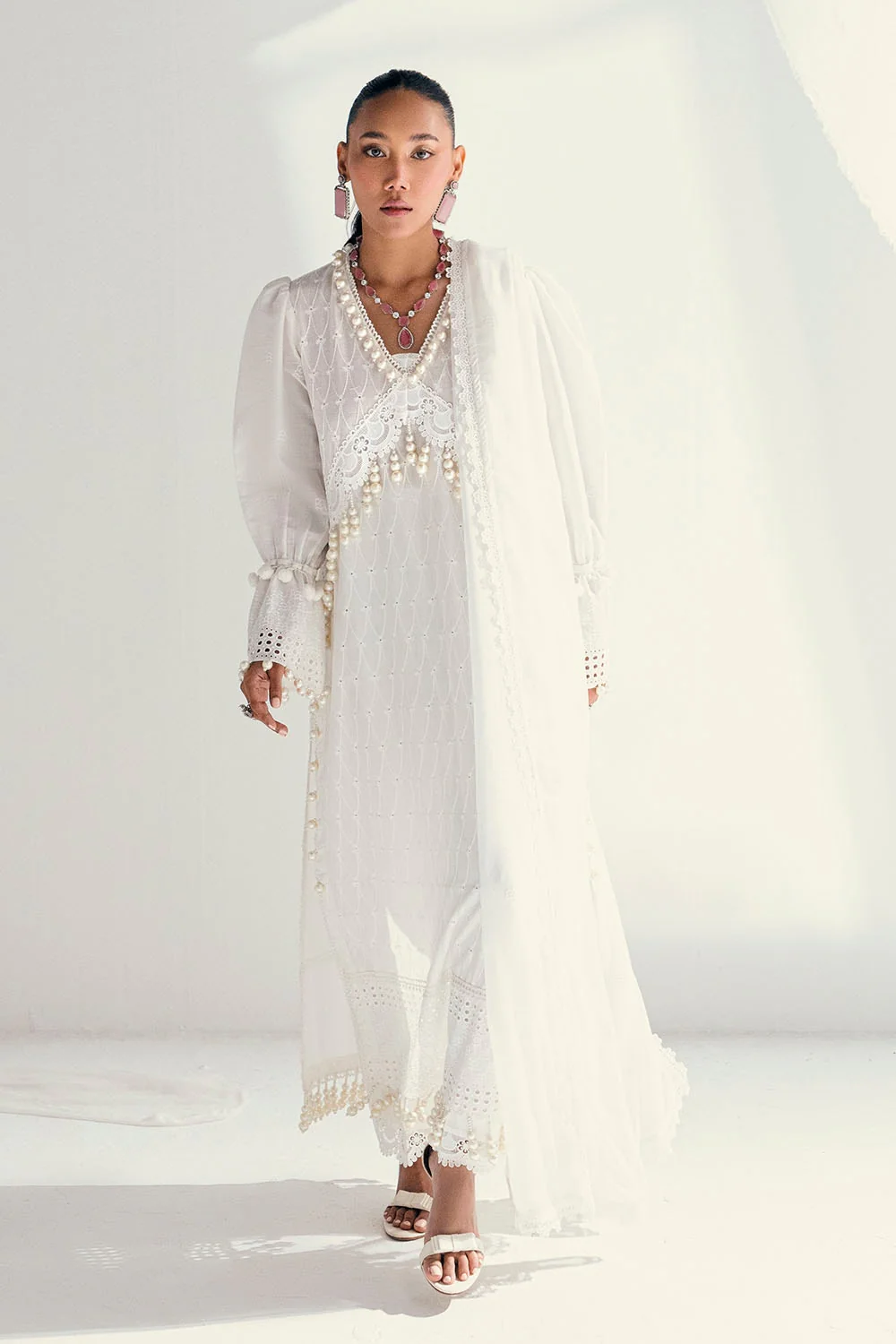 3 Piece Unstitched Schiffli Embroidered Lawn Suit with Schiffli Embroidered Chiffon Dupatta