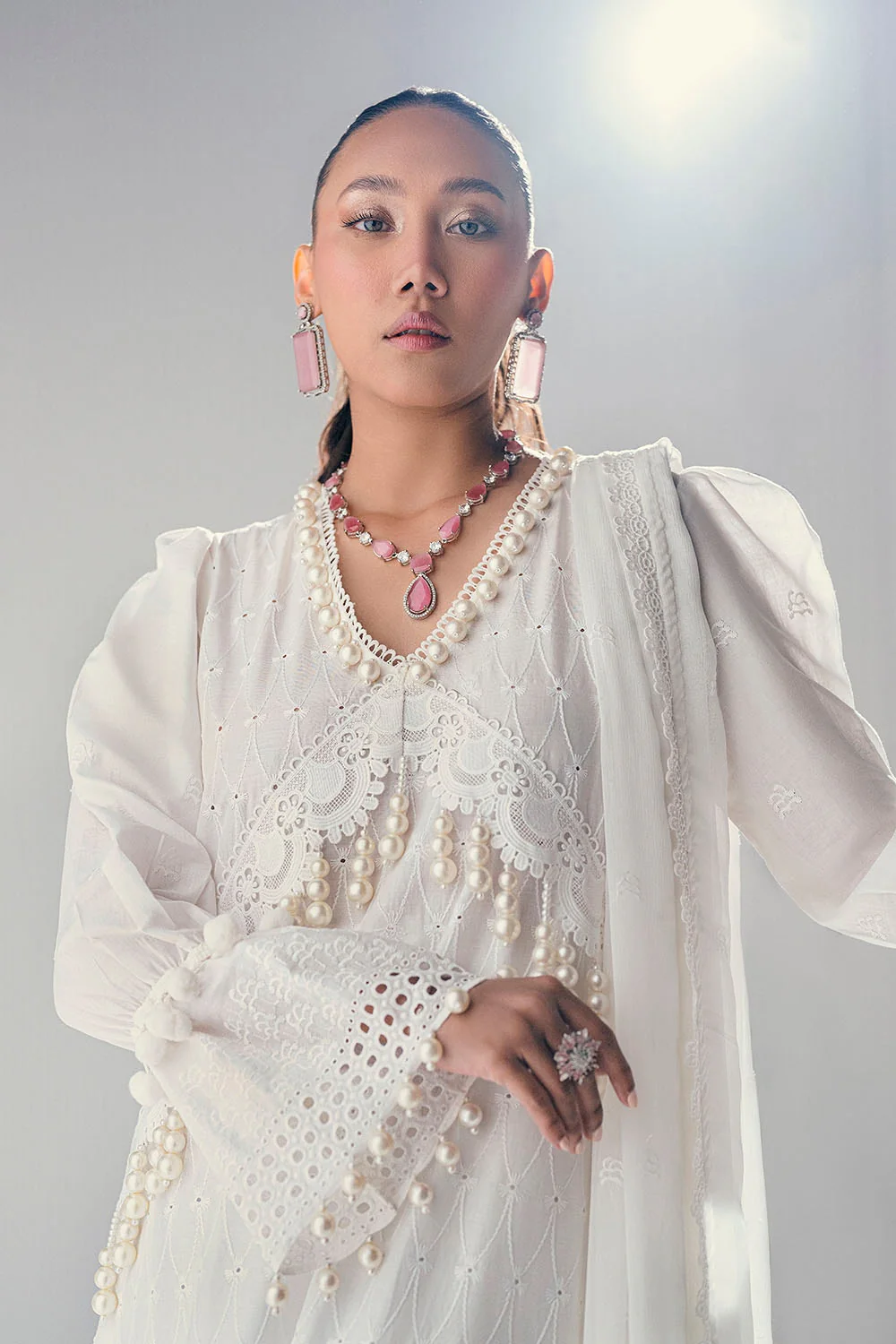 3 Piece Unstitched Schiffli Embroidered Lawn Suit with Schiffli Embroidered Chiffon Dupatta - Image 3