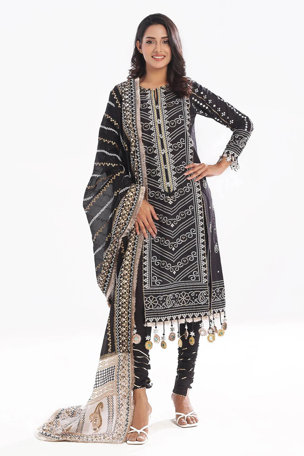 3 Piece Unstitched Zari Embroidered Lawn Suit with Gold Lacquer Printed Lawn Dupatta