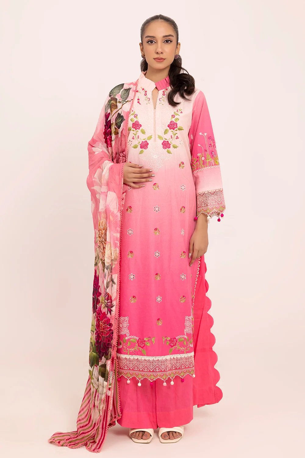 3 Piece Unstithed Embroidered Lawn Suit with Printed Chiffon Dupatta