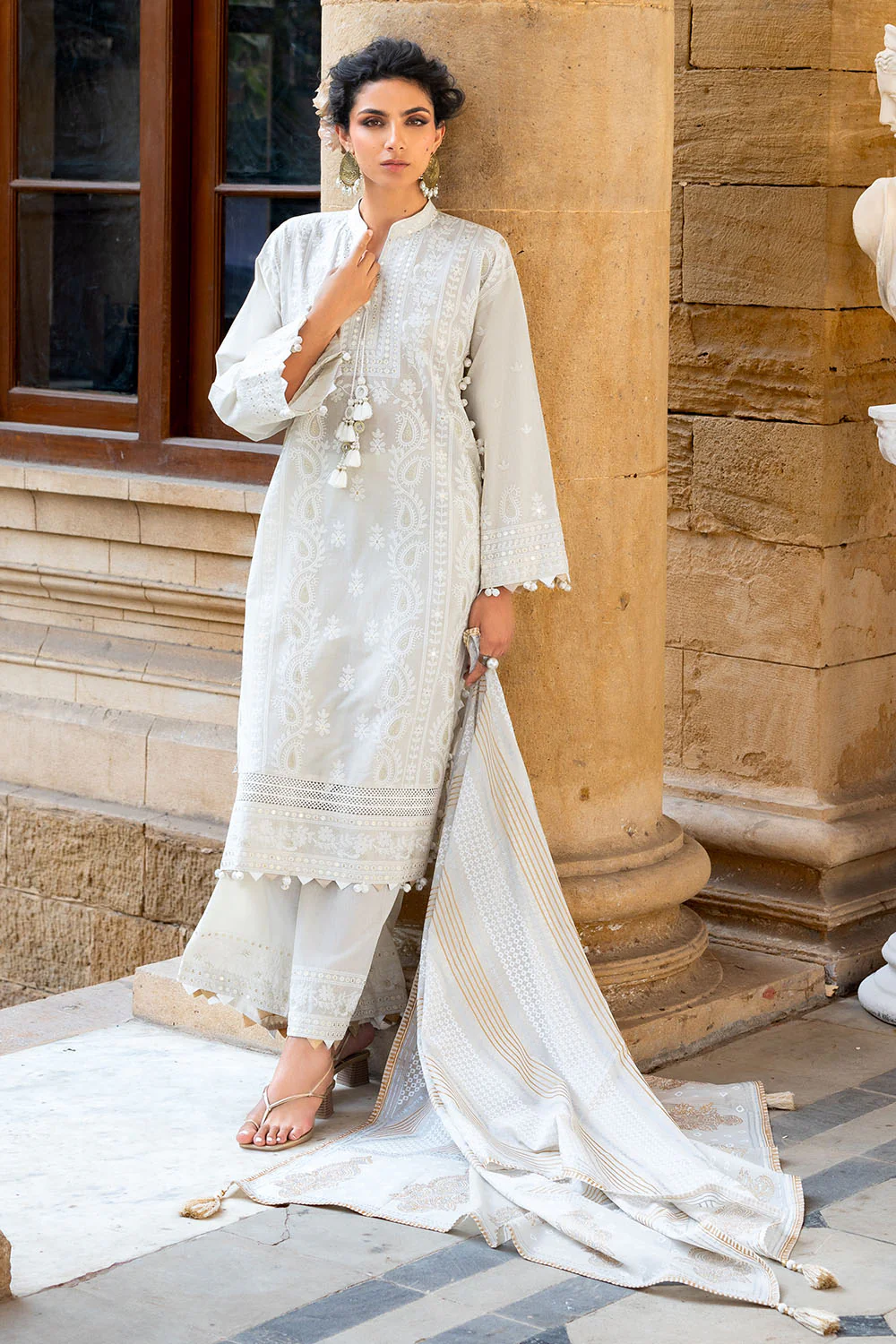 3 Piece Zari & Sequins Embroidered Lawn Suit with Borders and Printed Dupatta - Image 6