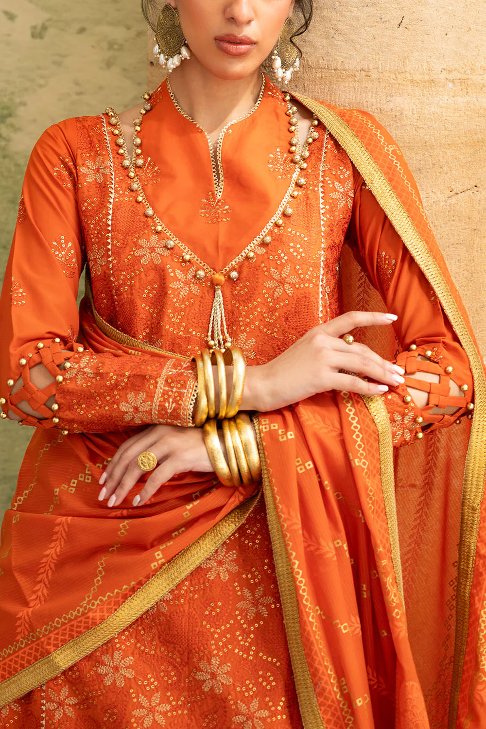 3 Piece Zari & Sequins Embroidered Lawn Suit with Gold & Lacquer Printed Dupatta - Image 2