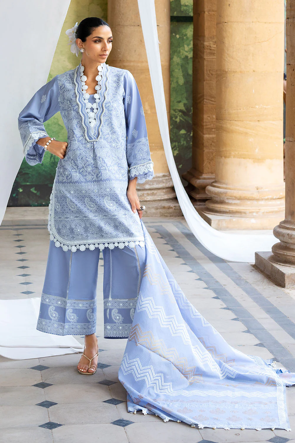3 Piece Zari & Sequins Embroidered Lawn Suit with Printed Dupatta - Image 6