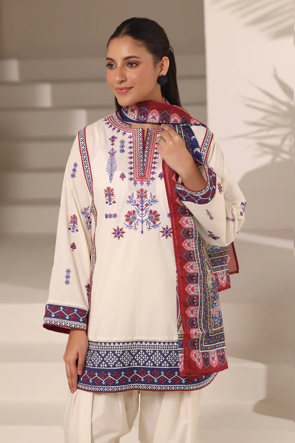 3PC Cambric Embroidered Suit With Printed Scarf - Image 3