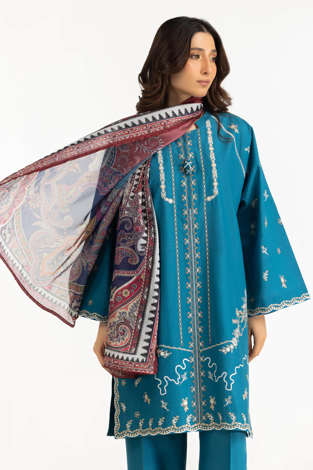 3PC Cambric Embroidered Suit With Scarf - Image 5