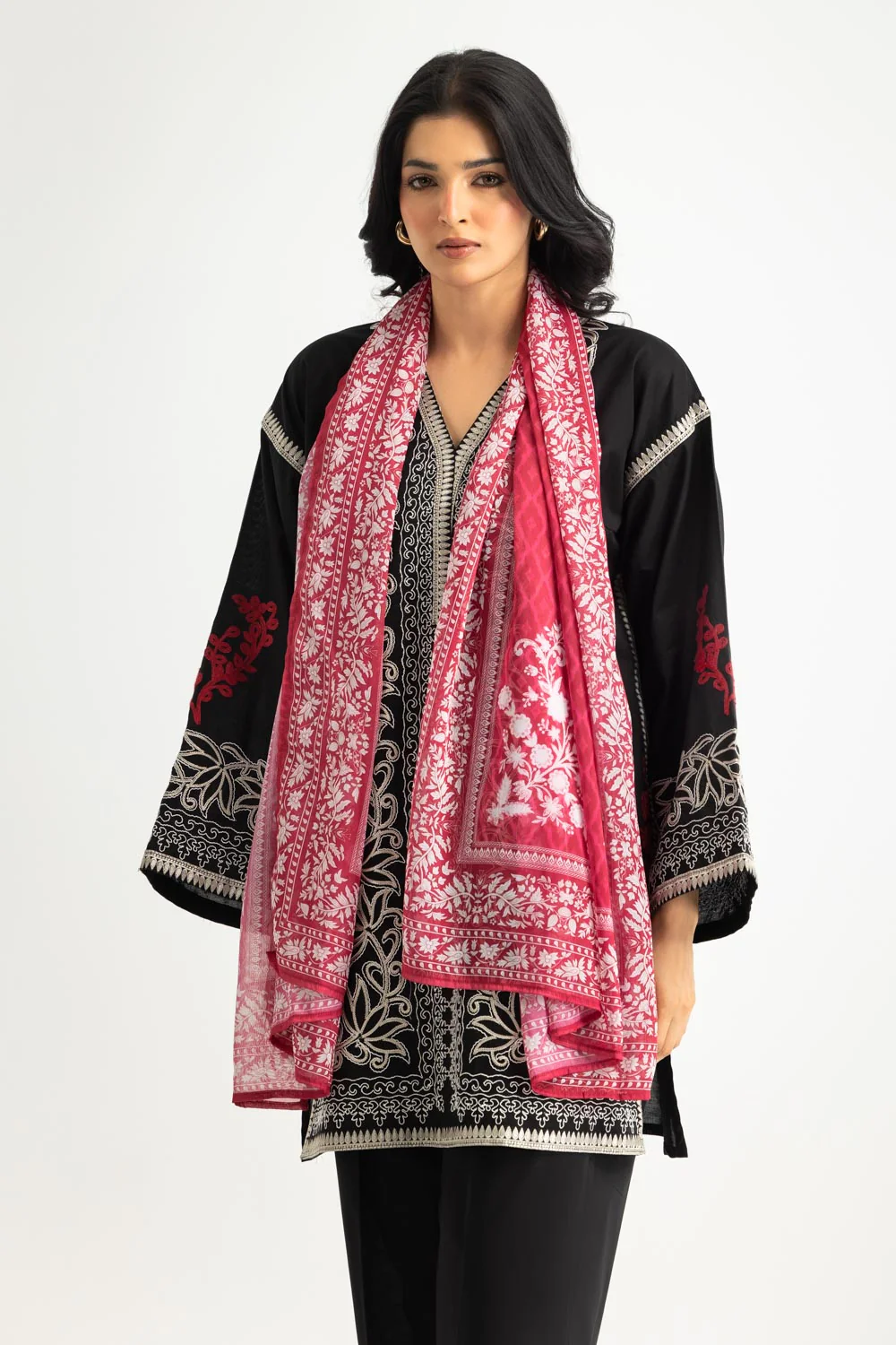 3PC Cambric Embroidered Suit With Scarf - Image 3