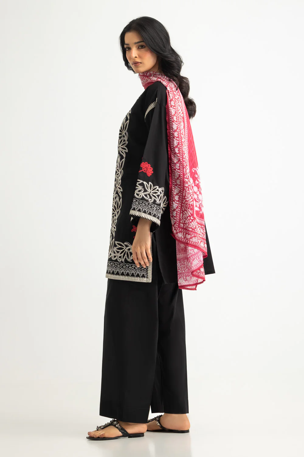 3PC Cambric Embroidered Suit With Scarf - Image 4
