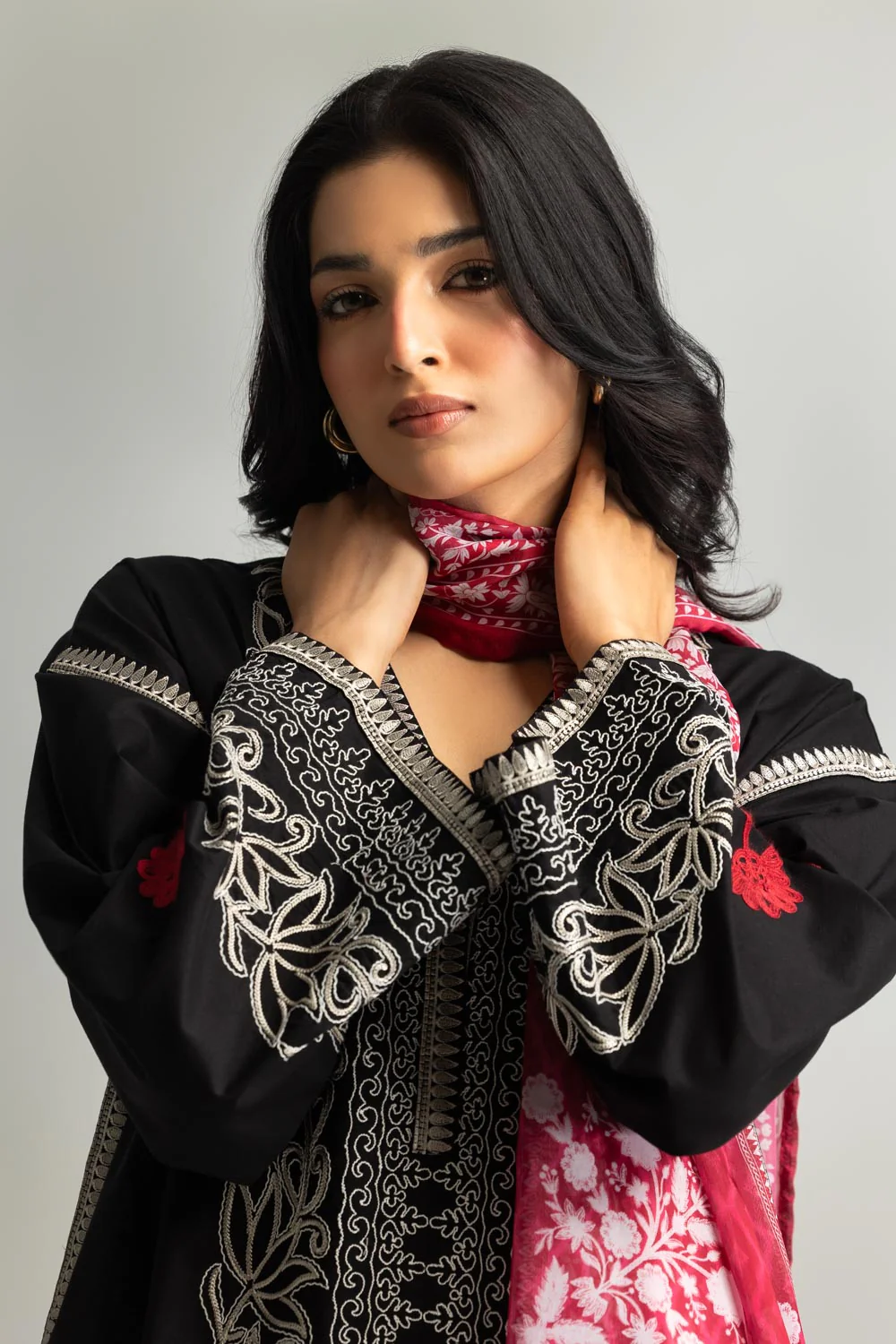 3PC Cambric Embroidered Suit With Scarf - Image 5