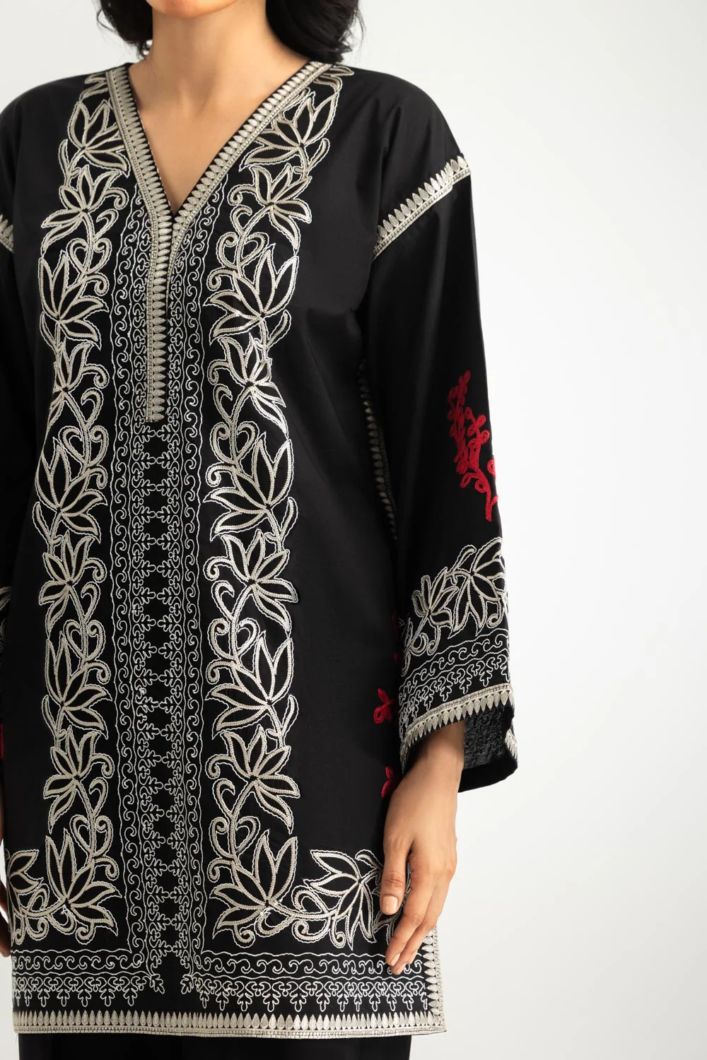 3PC Cambric Embroidered Suit With Scarf - Image 6