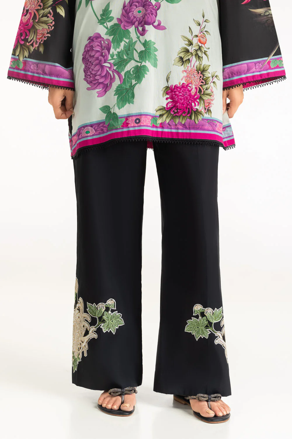 3PC Cambric Printed Shirt And Embroidered Trouser With Printed Scarf - Image 6