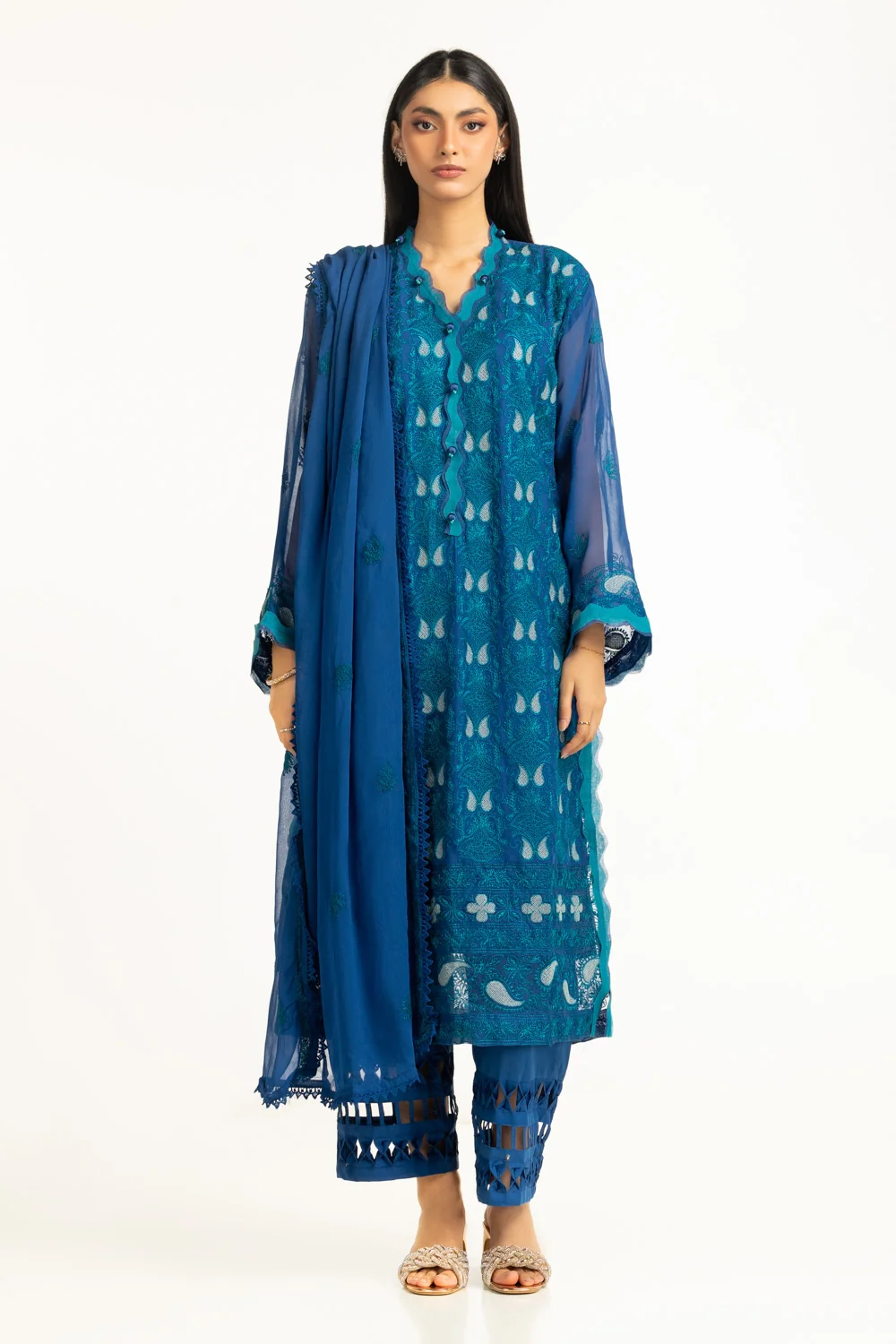 3Pc Chiffon Embroidered Suit