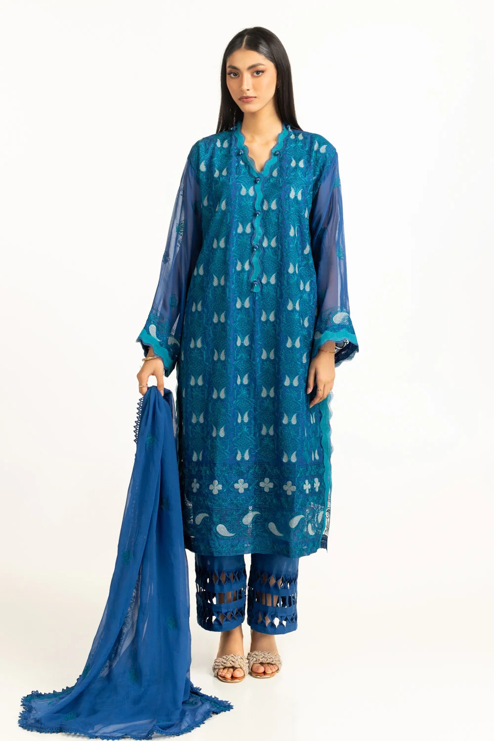 3Pc Chiffon Embroidered Suit - Image 3