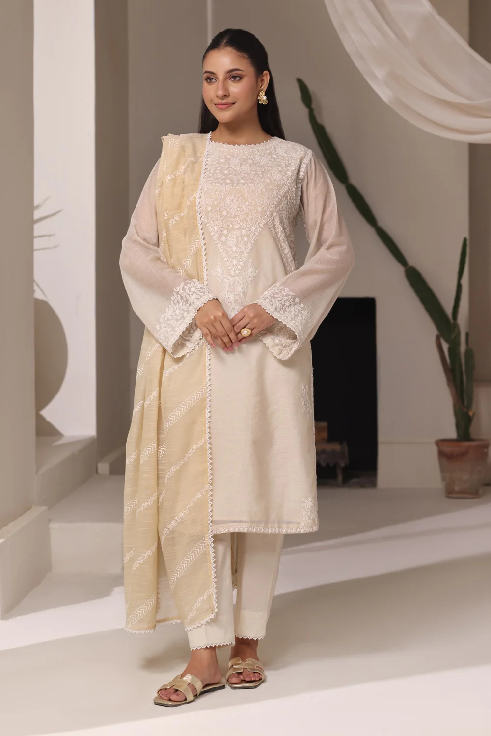 3PC Cotton Net Embroidered Suit - Image 7