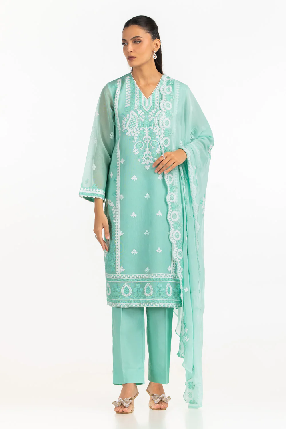3PC Cotton Net Embroidered Suit