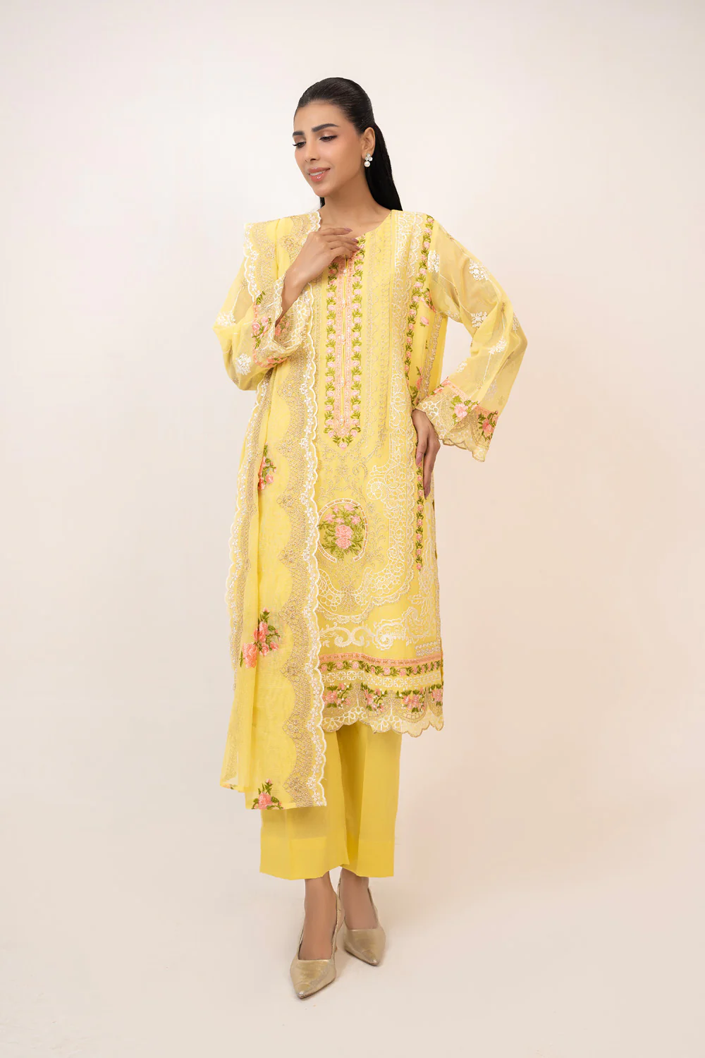 3PC Cotton Net Embroidered Suit