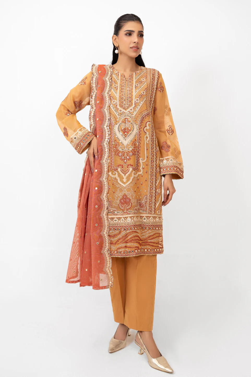 3PC Cotton Net Embroidered Suit