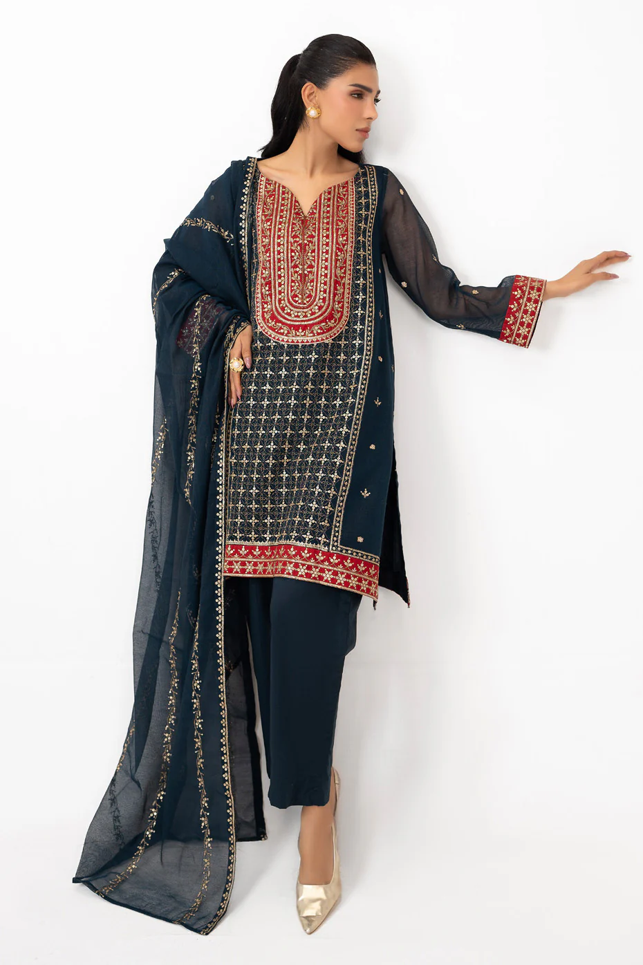 3PC Cotton Net Embroidered Suit - Image 5