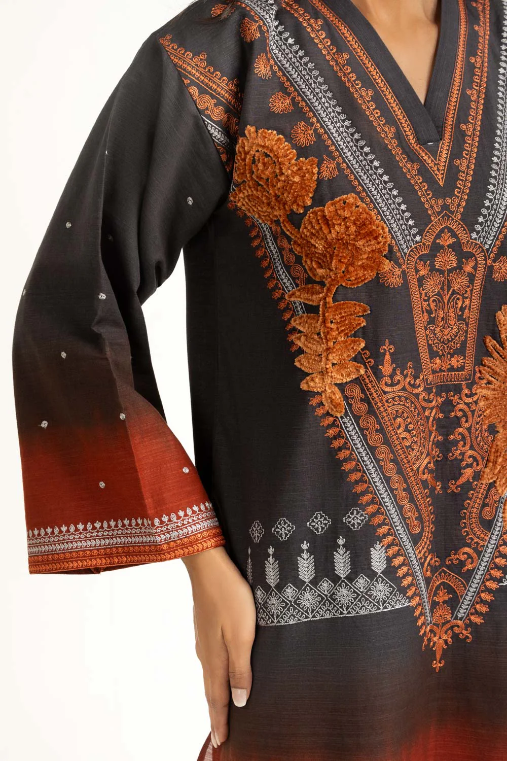 3PC Khaddar Printed Suit with Embroidered - Image 2