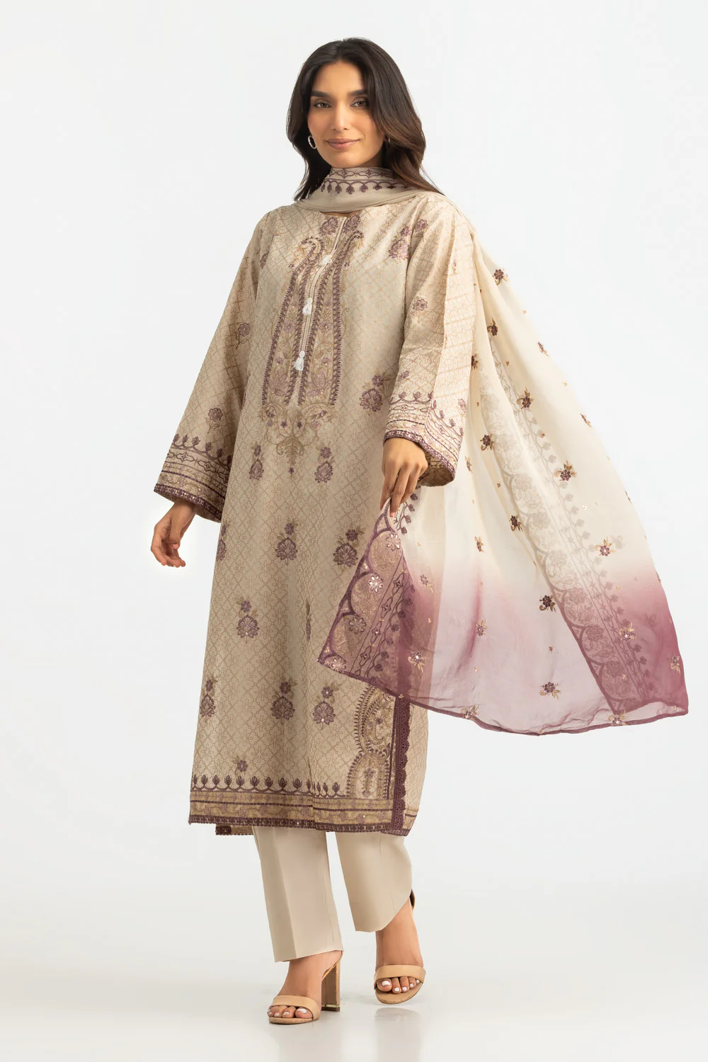 3PC Lawn Glitter Printed Suit With Embroidered - Image 3