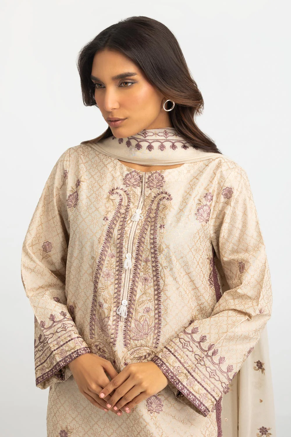 3PC Lawn Glitter Printed Suit With Embroidered - Image 5