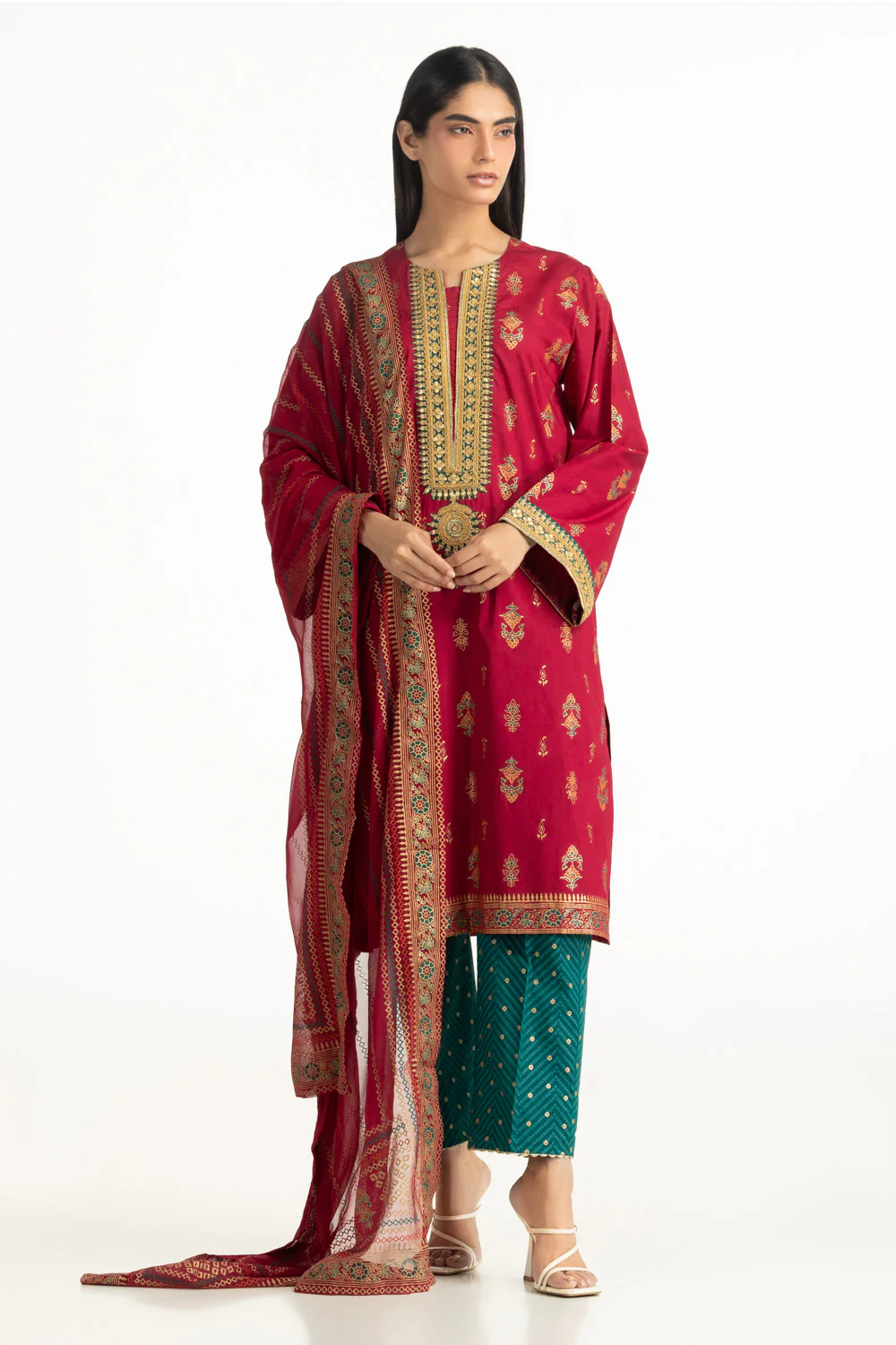 3PC Lawn Gold And Lacqer Printed Suit With Embroidered