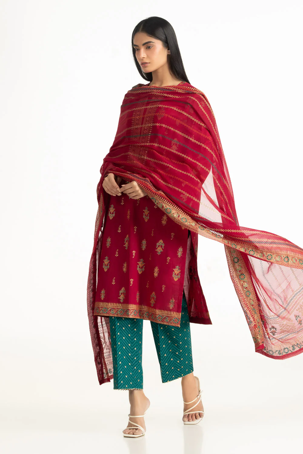 3PC Lawn Gold And Lacqer Printed Suit With Embroidered - Image 4