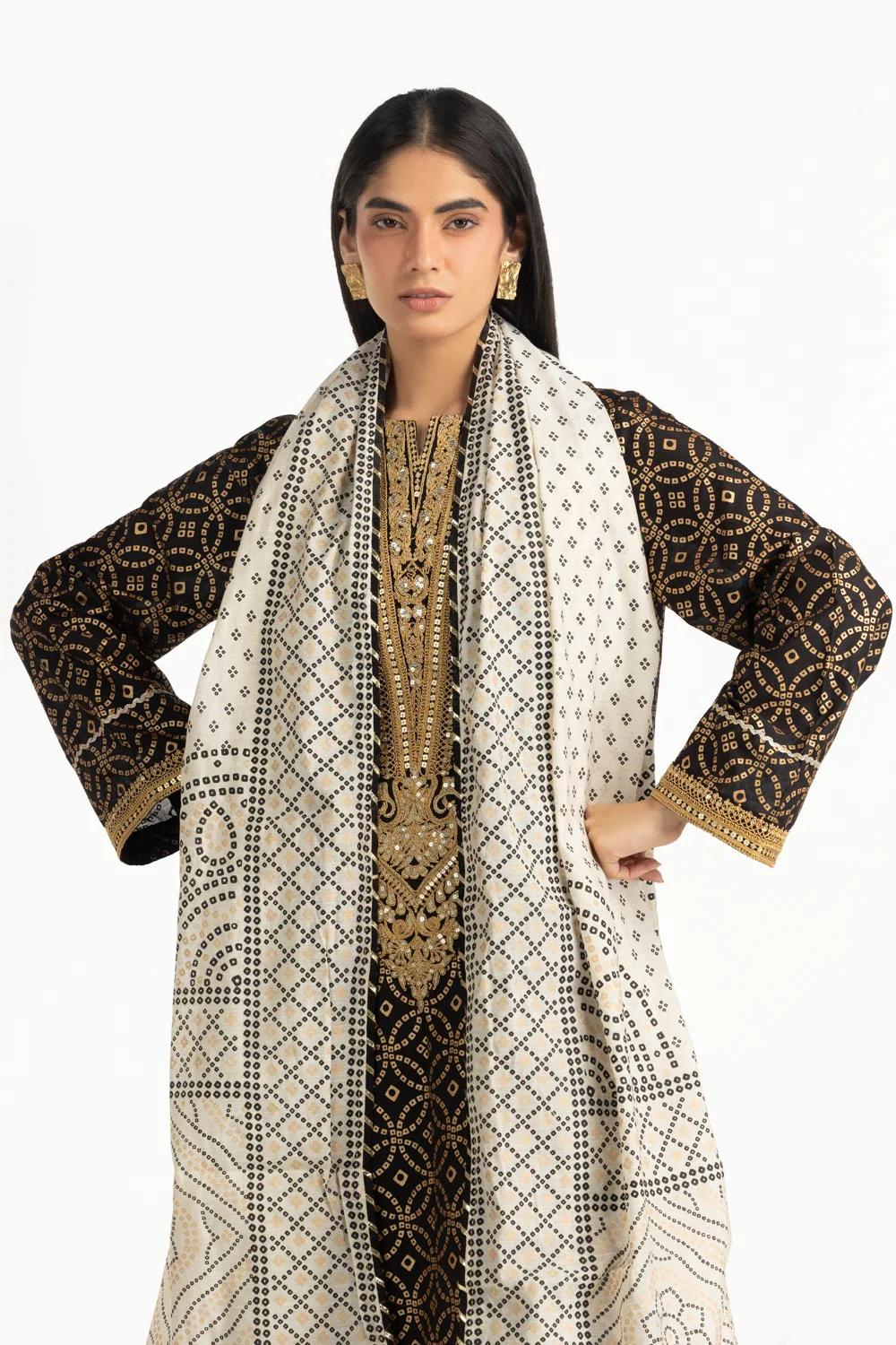 3PC Lawn Gold Printed Suit With Embroidered - Image 3