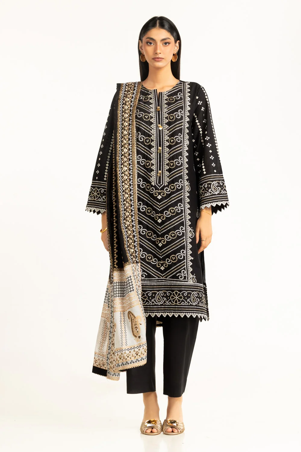 3PC Lawn Lacquer Printed Suit With Embroidered