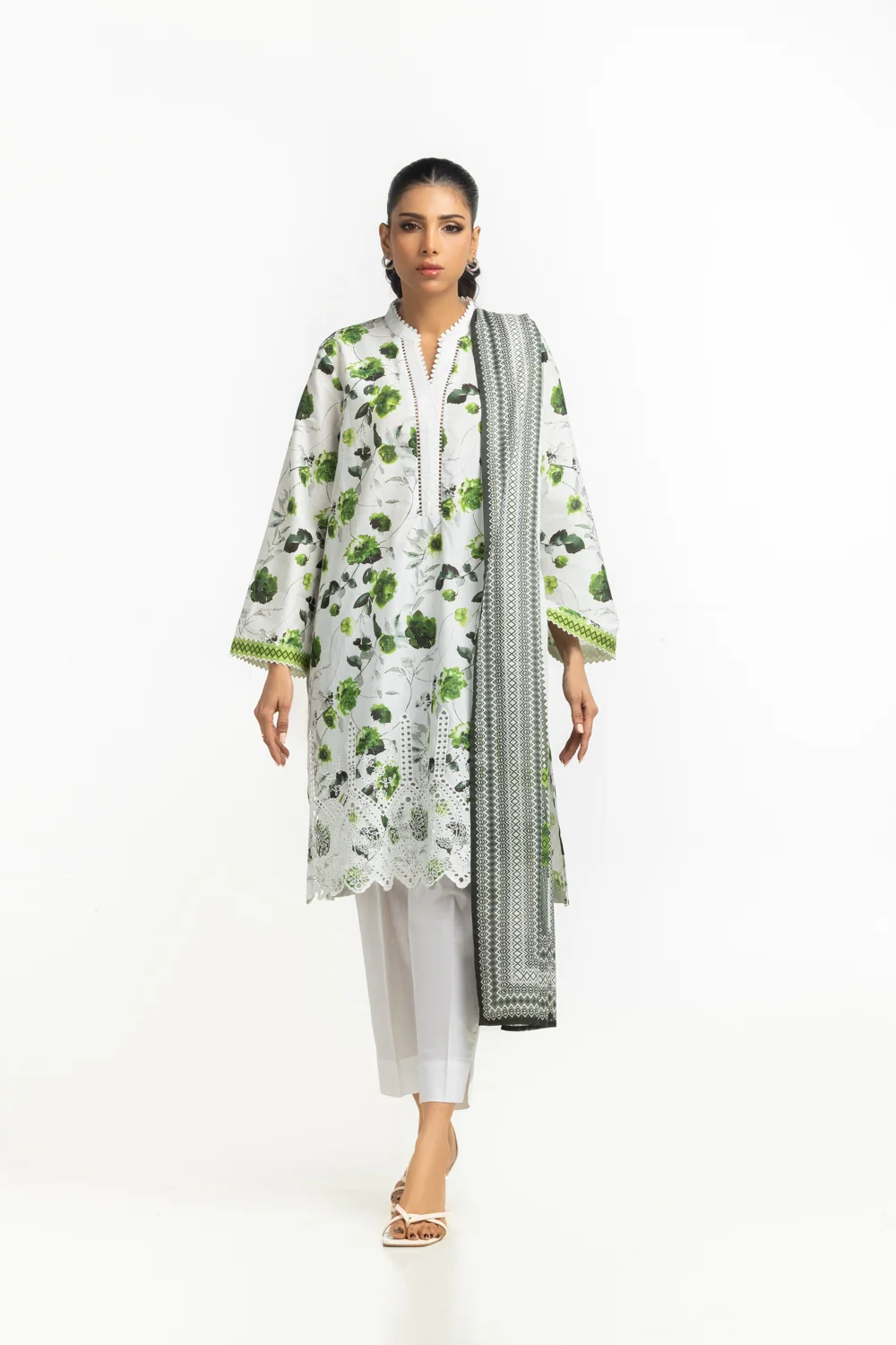 3PC Lawn Printed Suit With Schiffli Embroidered