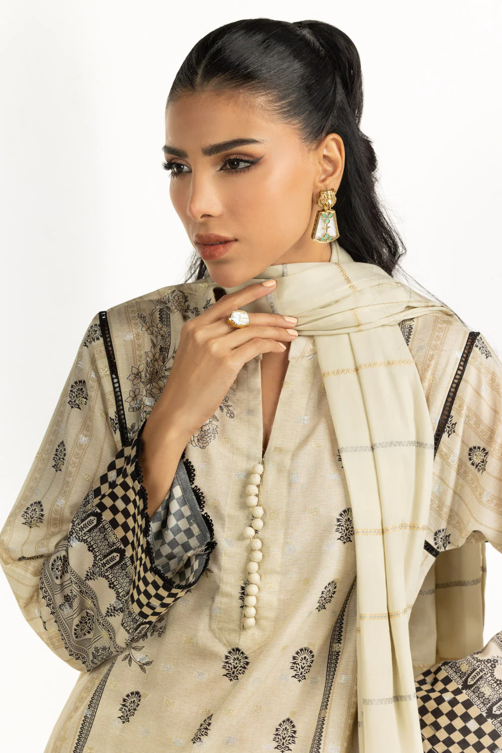 3PC Lurex Jacquard Printed Suit - Image 4