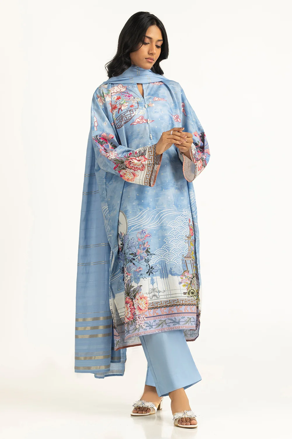 3PC Lurex Jacquard Printed Suit - Image 3