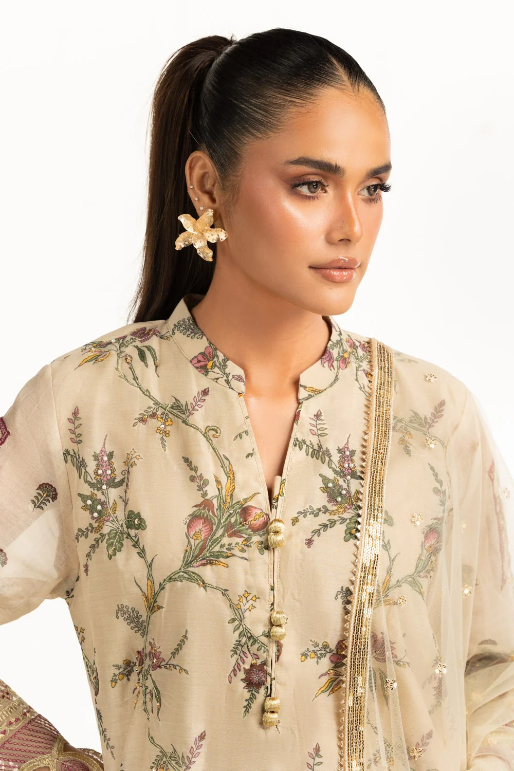 3PC Munar Slub Printed Suit With Embroidered - Image 2