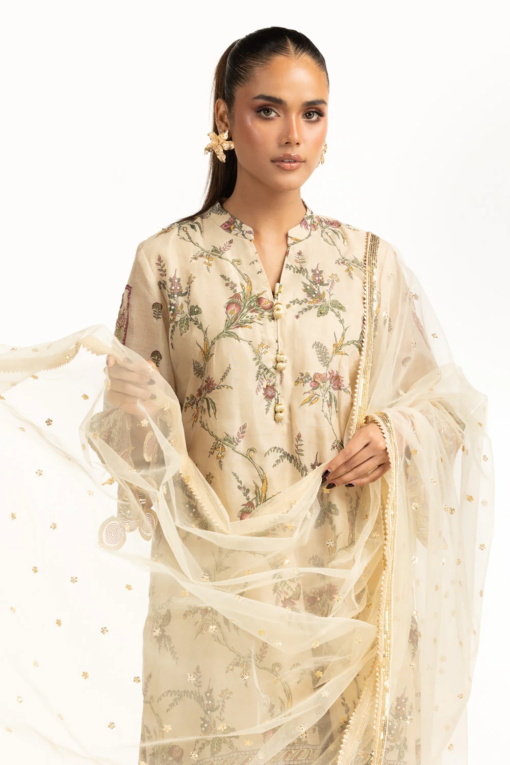 3PC Munar Slub Printed Suit With Embroidered - Image 3