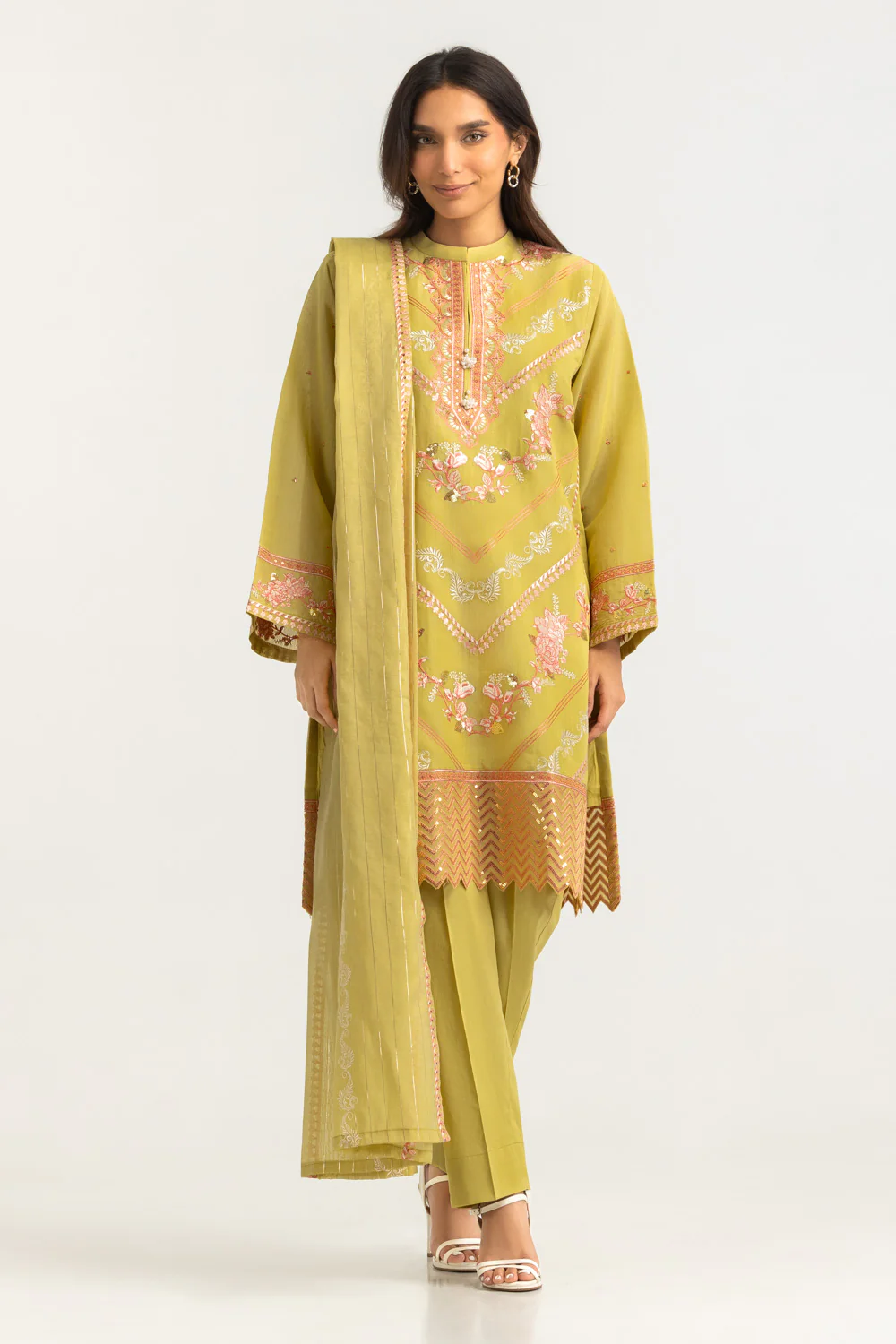 3PC Paper Cotton Embroidered Suit