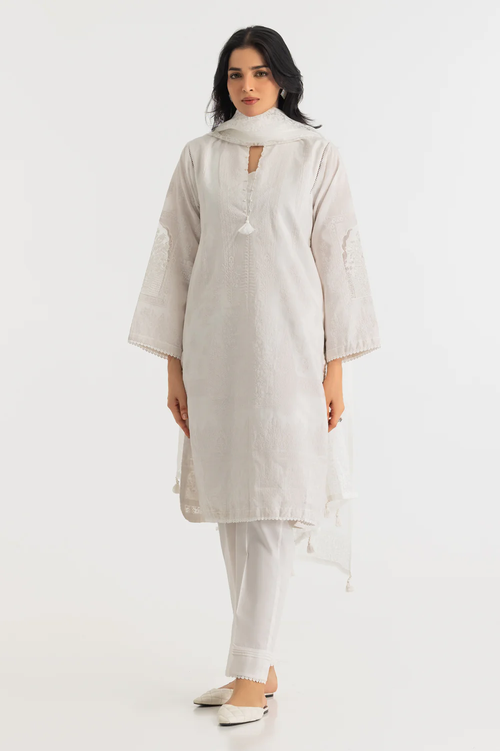3PC Paper Cotton Flock Printed Suit With Embroidered